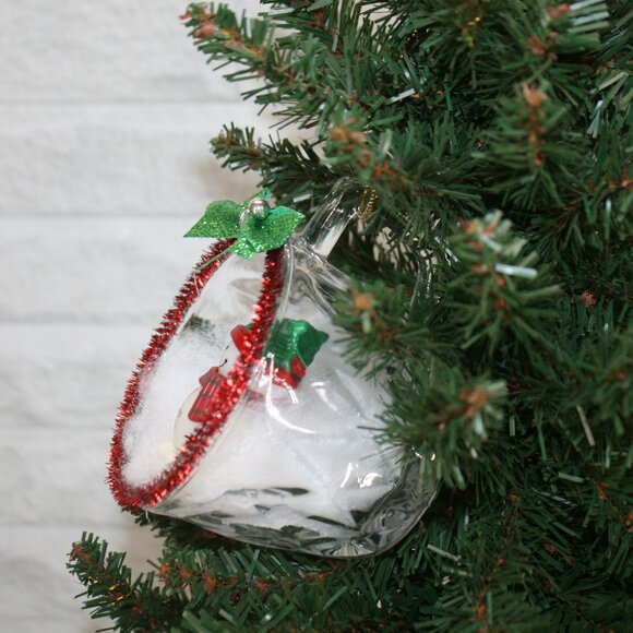 HAND CRAFTED Christmas Ornament Upcyled Teacup Snowman Plaid Winter Scene Red - Picture 3 of 9